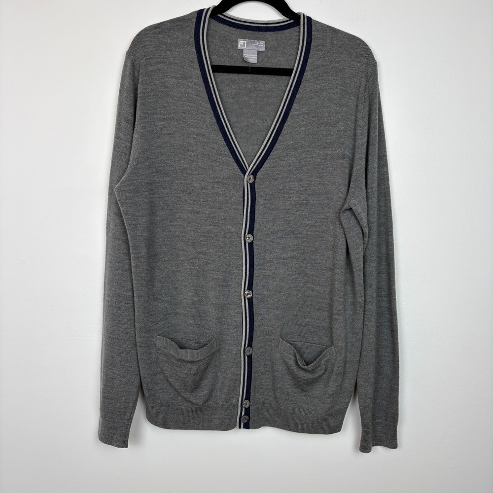 JCP Mens Cardigan Sweater L Gray Merino Wool Button Front Tipped V-Neck Preppy